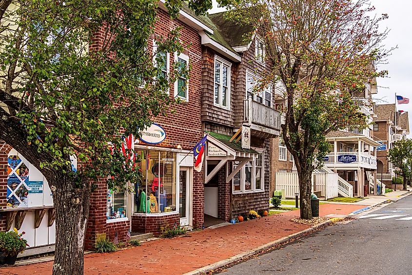 Downtown Manteo, North Carolina, showing the brick sidewalks and Poor Richard's Sandwich Shop.