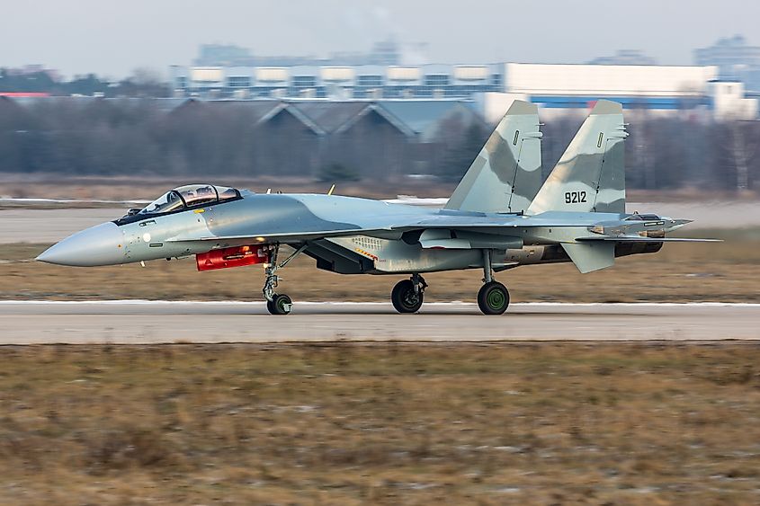 Sukhoi SU-35S the newest jet fighter of Egypt air force during test flights at Ramenskoe airport. Credit Shutterstock: Fasttailwind.