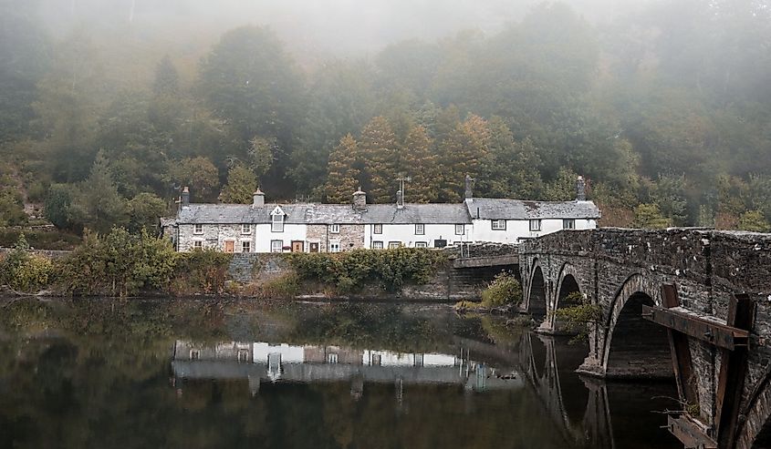 Machynlleth Bridge on a foggy day. 