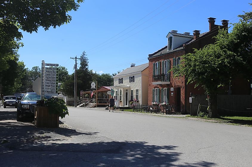 Historic buildings lining a street in Kimmswick, Missouri.