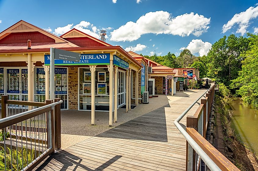 The Obi Obi Boardwalk along the shops in the town center of Maleny, Queensland, Australia.