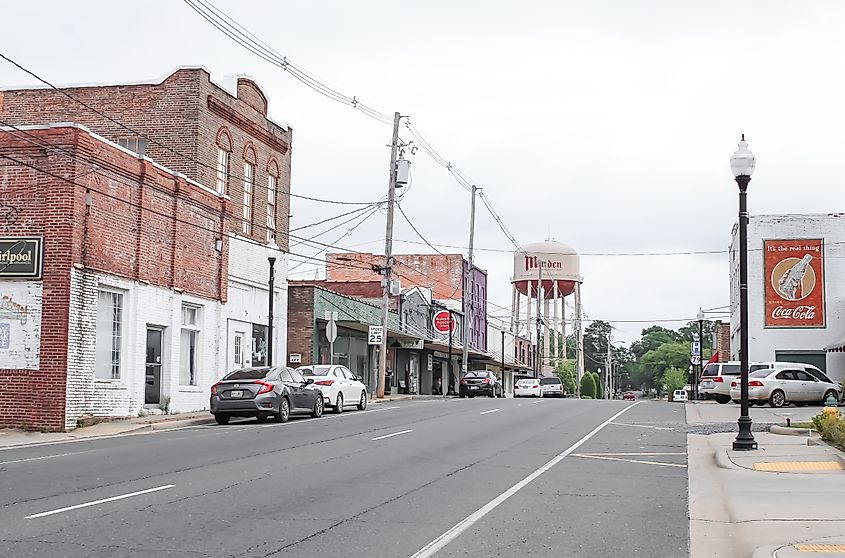 Rustic buildings along a street in Minden, Louisiana.