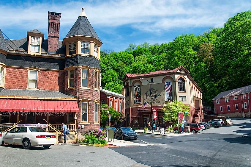 The Mauch Chunk Opera House in the historic town of Jim Thorpe, Pennsylvania, on a sunny day.