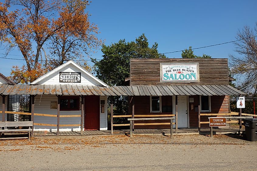 JAMESTOWN, NORTH DAKOTA - 3 OCT 2021: Sheriffs Office and The Blue Blaze Saloon on Louis L'Amour Lane in Frontier Village.