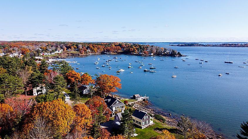 Aerial view of coastal harbor, Kennebunk, Maine.