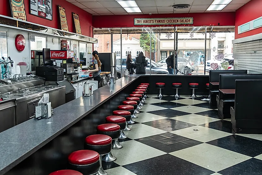 Interior of Hurst Discount Drugs and Soda Shop in Bardstown, Kentucky. Editorial credit: woodsnorthphoto / Shutterstock.com
