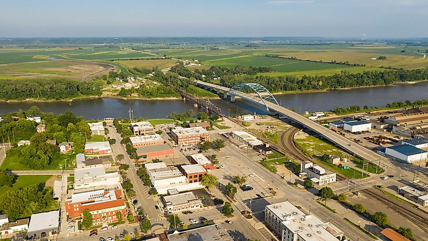 Aerial view over downtown city center of Atchison Kansas 