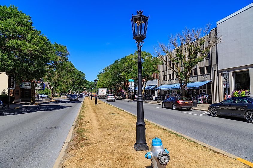 The downtown streets of Wellsboro, Pennsylvania, illuminated with authentic gas street lamps