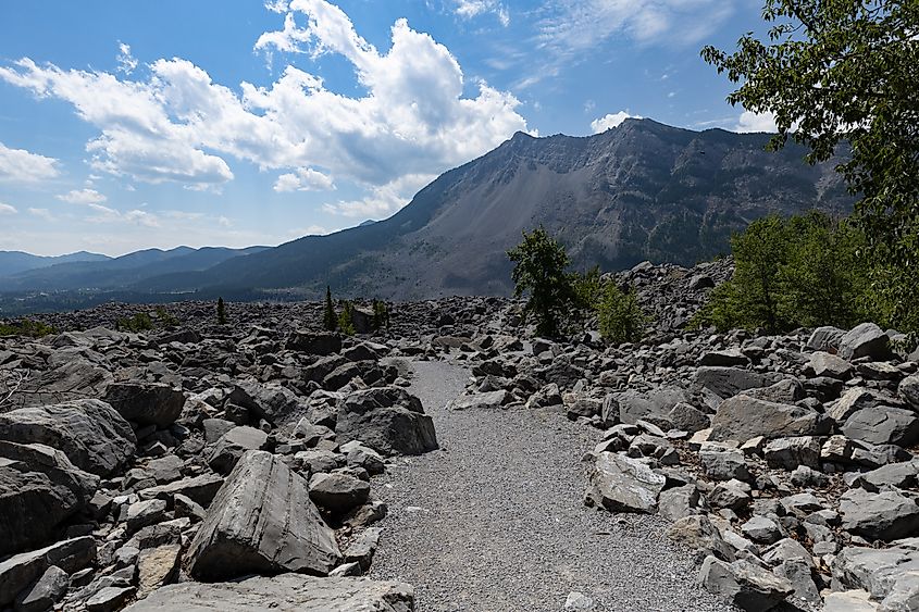 The view from one of the trail that now skirt over the Frank Slide. What remains of Turtle Mountains (still a towering natural feature) can be seen in the distance.