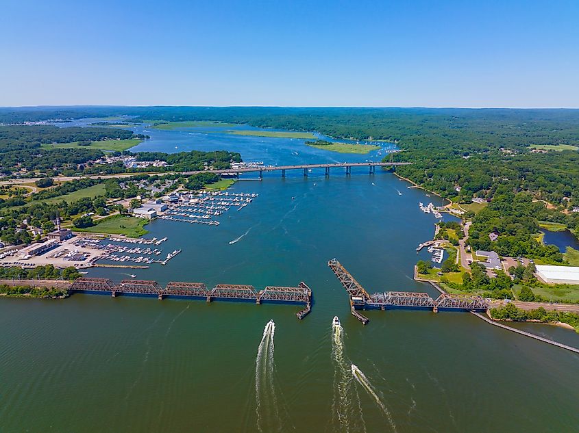 Aerial view of the Connecticut River flowing past Old Saybrook