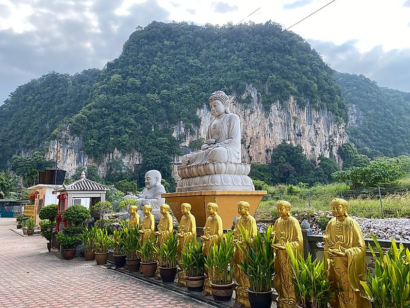 A line of Buddha statues stand before a lush limestone mountain.