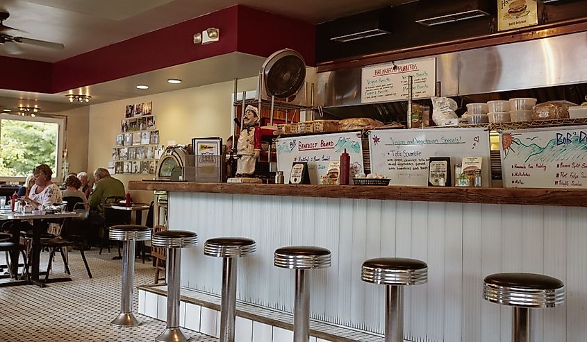 Interior of Bob's Diner, a classic New England diner in Manchester, Vermont