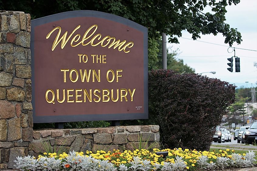 A welcome sign for Queensbury on Aviation Road as pictured in the town of Queensbury, New York