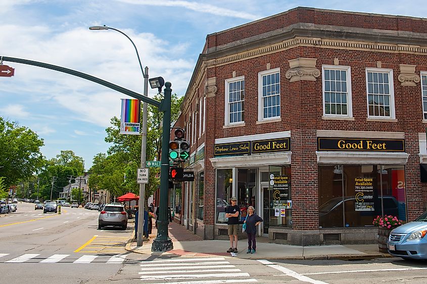 Historic commercial building at 1740 Massachusetts Avenue at Waltham Street in historic town center of Lexington, Massachusetts