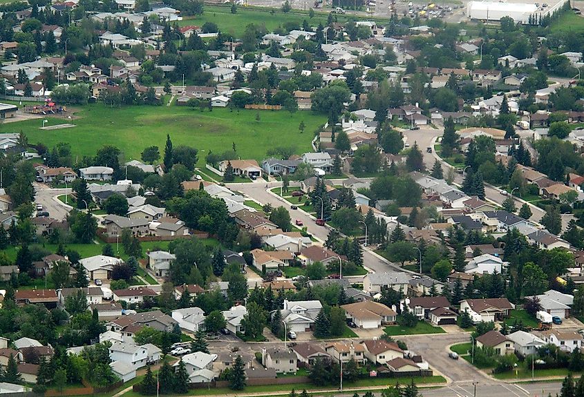 Aerial view of Beaumont, near Edmonton, Alberta, showing the town layout and surrounding landscape