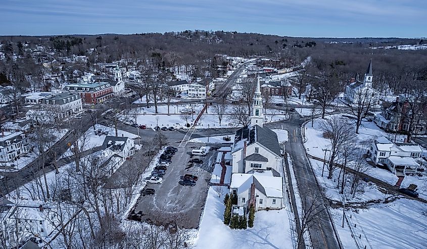 Aerial view of Grafton, Massachusetts in late winter.