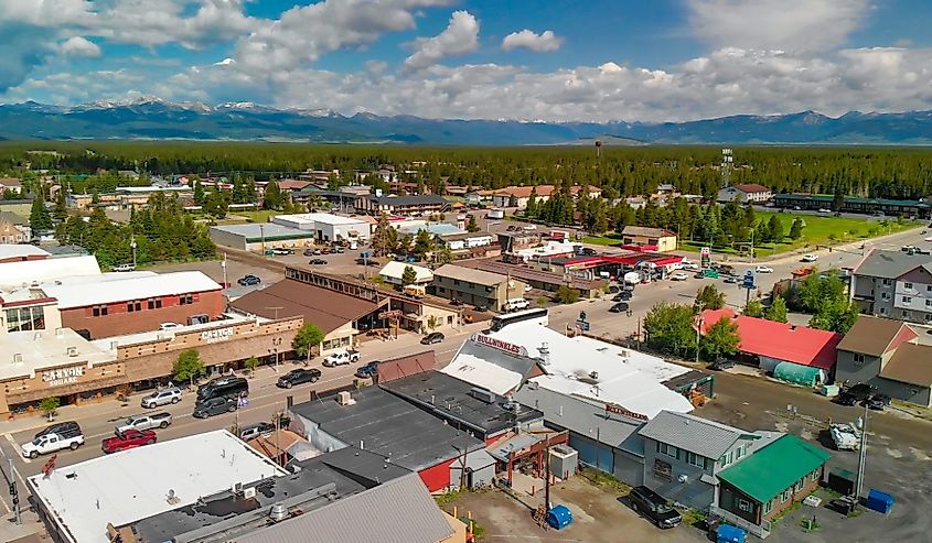 Aerial view of city buildings and streets in West Yellowstone, Montana.