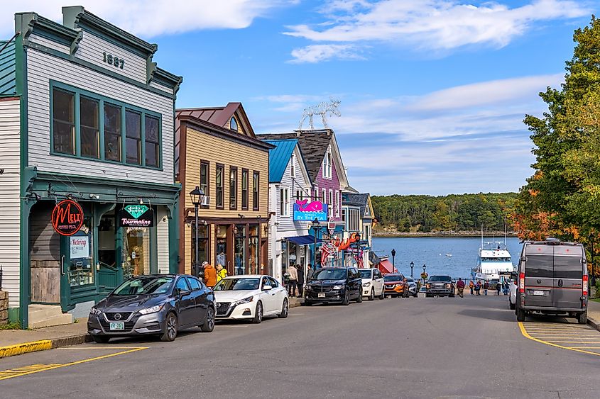 Sunny autumn morning view of the historic Main Street in Bar Harbor, Maine, USA, on Mount Desert Island along the shore of Frenchman Bay.
