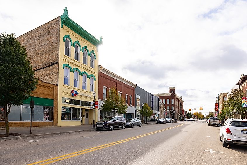 Historic downtown area on Michigan Avenue in Big Rapids, Michigan, USA.