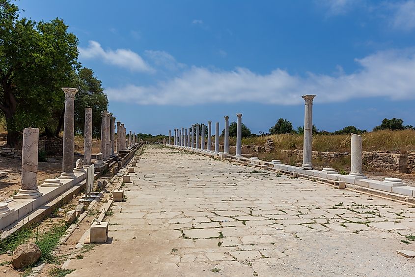 Old Roman road with columns in the ancient town Side in Manavgat, Turkey