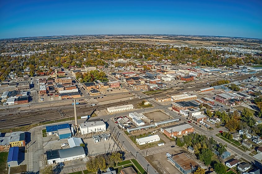 Aerial view of the small town of Columbus, Nebraska.