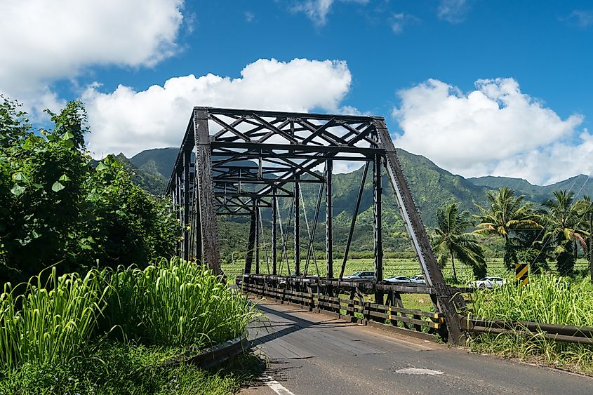 Metal girder and wood bridge on the road to Hanalei from Princeville in Kauai, Hawaii.