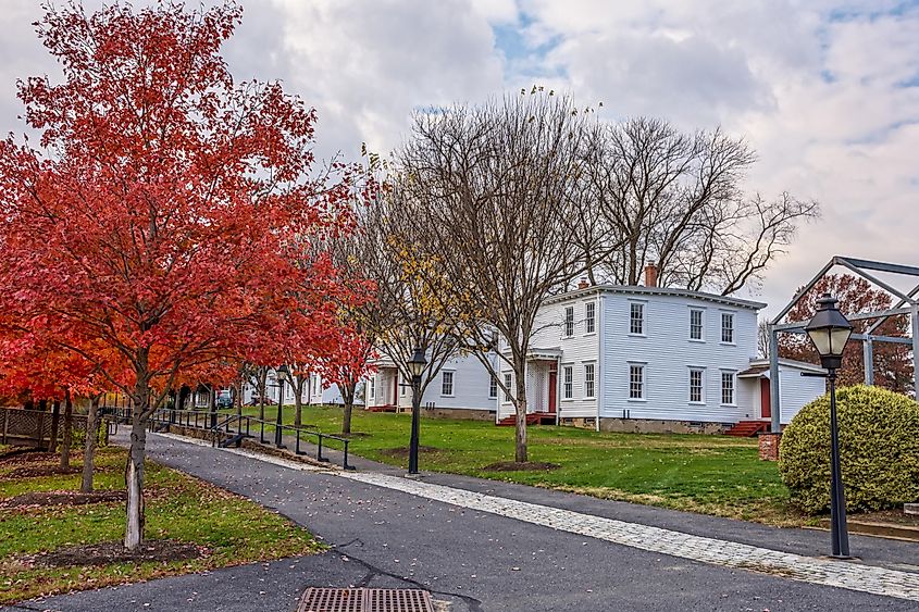 Autumn view of historic homes along Park Avenue in Smithville, New Jersey. 