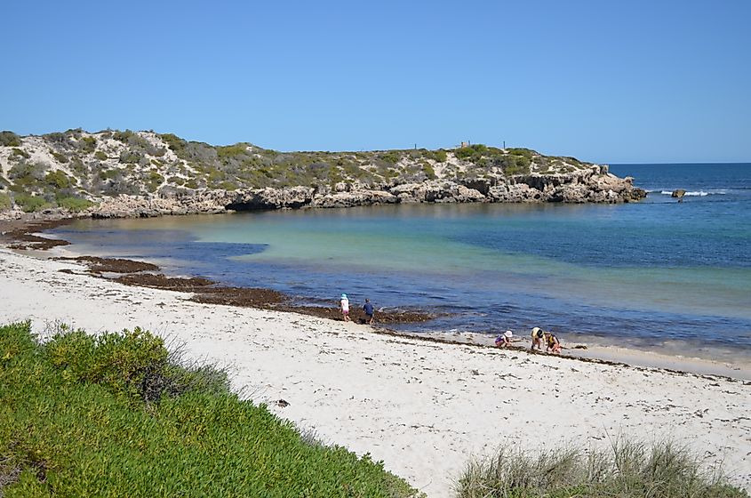 View of Dynamite Bay in Green Head, Western Australia, featuring a stunning coastline with clear turquoise waters, sandy beaches, and surrounding natural beauty.