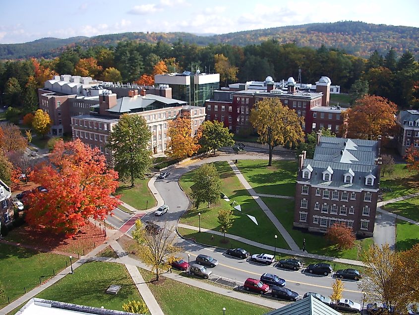 Aerial view of the Dartmouth College campus in Hanover, New Hampshire.