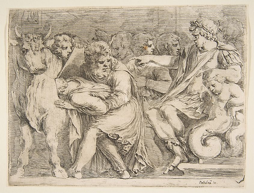 Phalaris Having Perillus Thrown into the Bronze Bull (Stefano della Bella, CC0, via Wikimedia Commons)