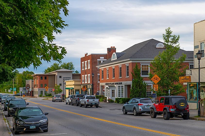 Historic commercial buildings on Main Street in Plymouth, New Hampshire.