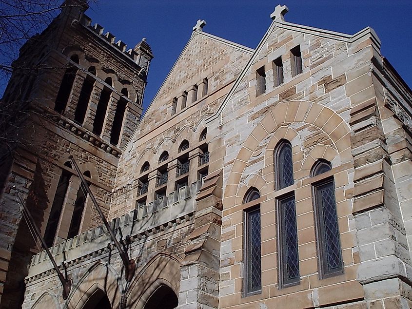 Detail of the Cathedral Church of the Advent in Birmingham, Alabama, highlighting its lancet windows.