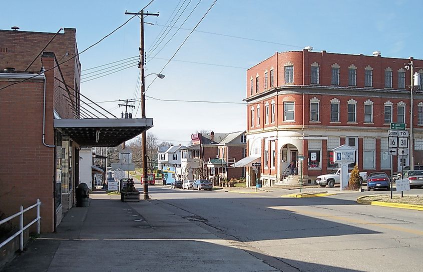 Main Street (West Virginia Route 16) in Harrisville, West Virginia.