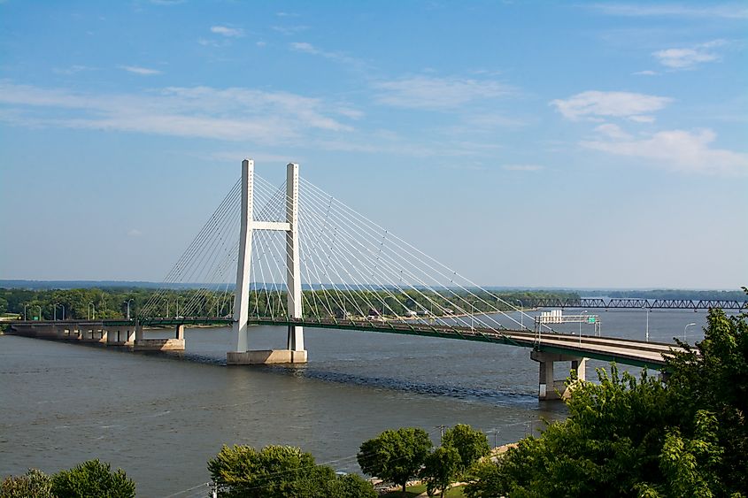 The Great River Bridge spans the Mississippi River in Burlington, Iowa.