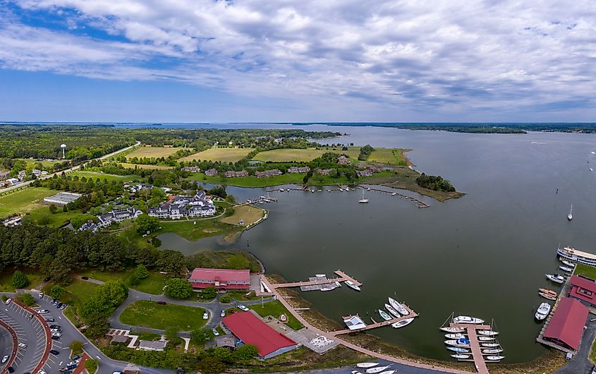 Aerial view of St. Michaels in Maryland and the Links at Perry Cabin.