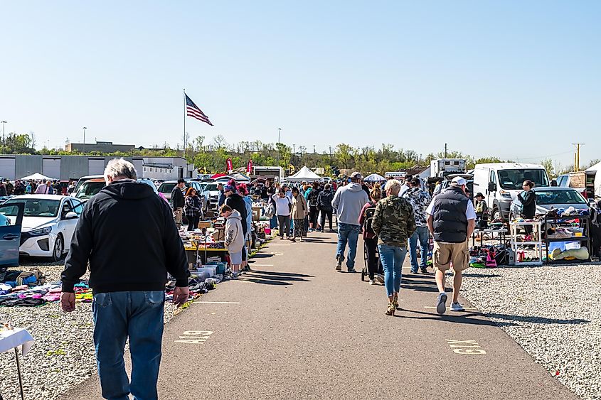 People walking through Trader Jacks flea market in Bridgeville, Pennsylvania.