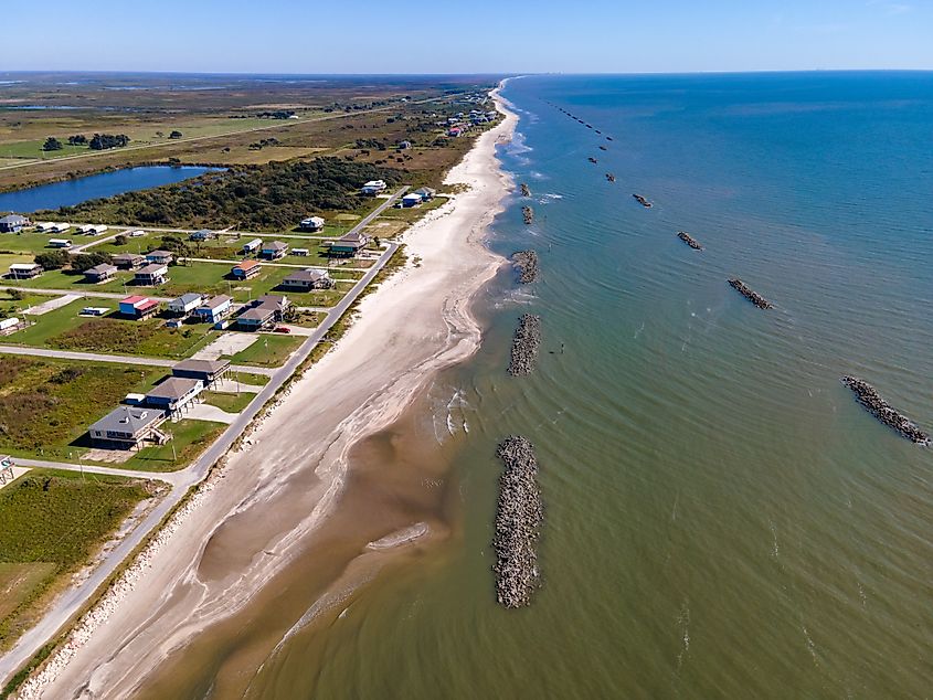 Little Florida Beach in Cameron, Louisiana, with a sandy shoreline along the Gulf Coast.
