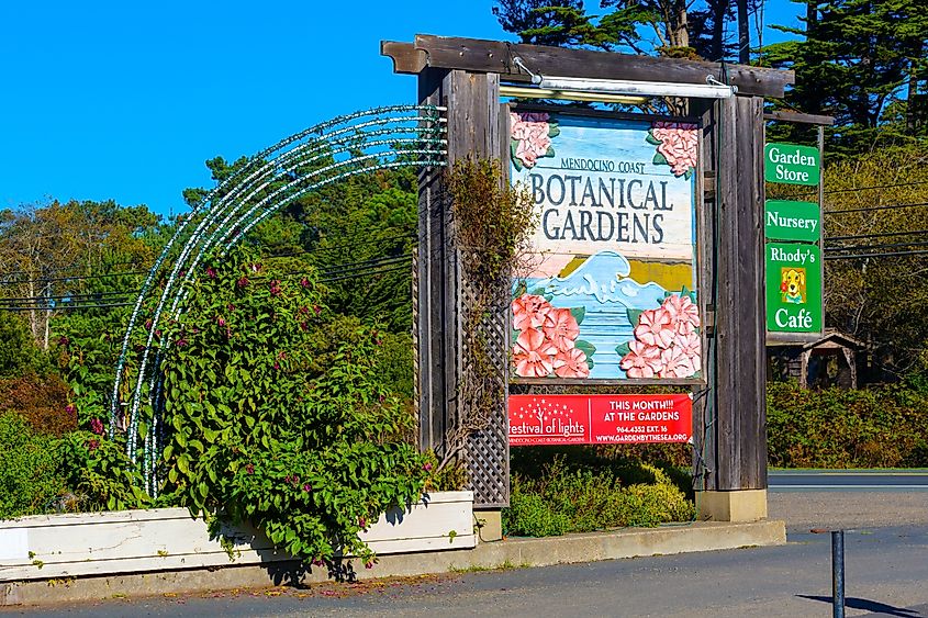 Mendocino Coast Botanical Gardens colorful sign and archway welcome visitors. Editorial credit: Michael Vi / Shutterstock.com