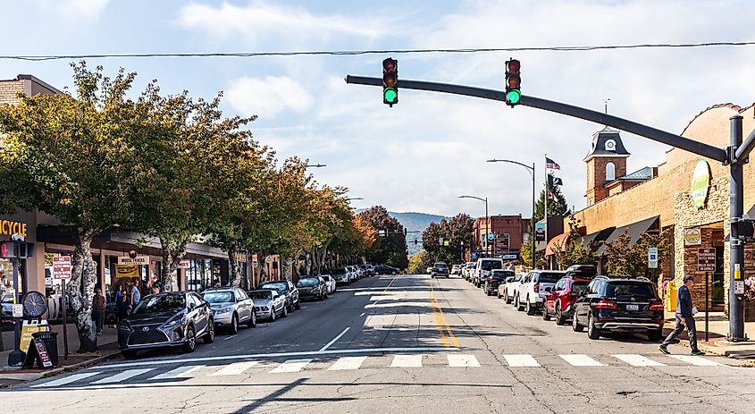 People shopping and walking in Brevard, North Carolina. Editorial credit: Nolichuckyjake / Shutterstock.com