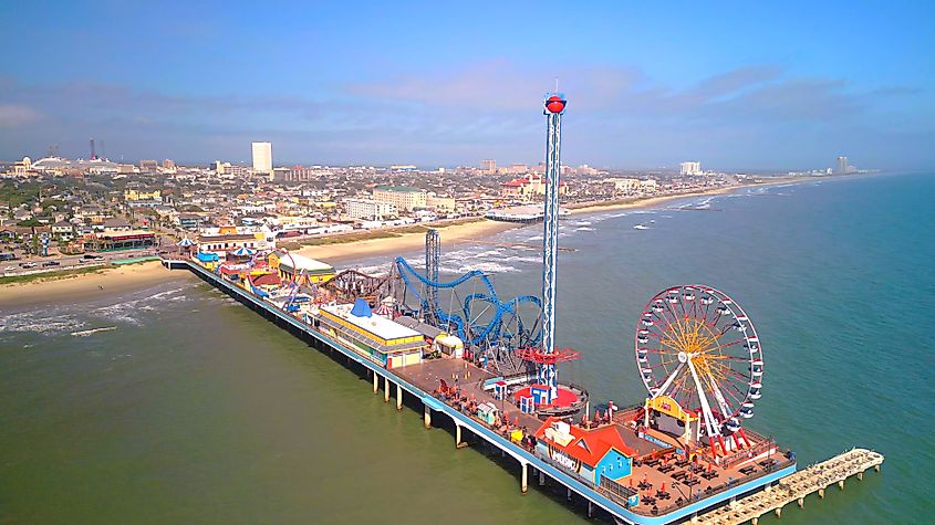 Pleasure Pier of Galveston, Texas, from above. Editorial credit: 4kclips / Shutterstock.com