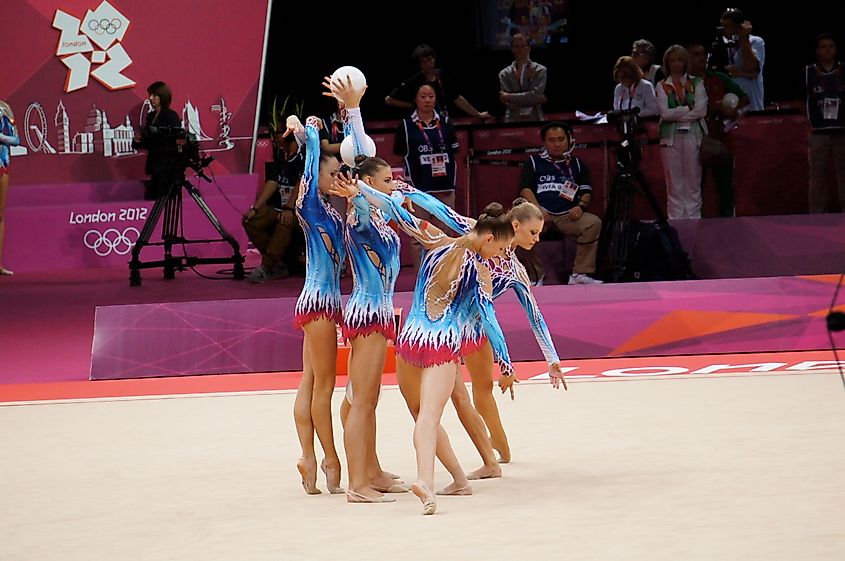 The Belorussian gymnastics team at the 2012 Summer Olympics. Image credit cdephotos via Wikimedia.