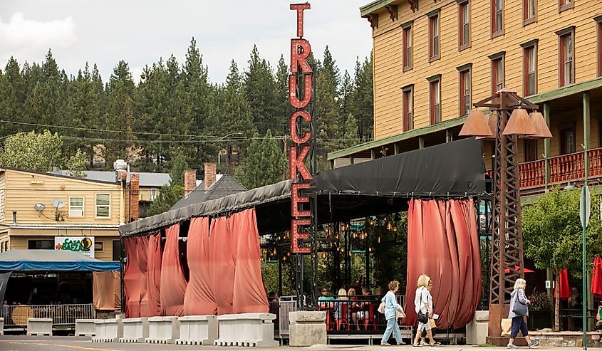 Afternoon sunlight shines on historic downtown Truckee.