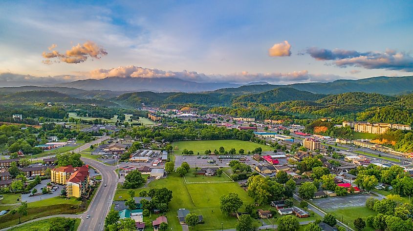 Aerial view of Pigeon Forge and Sevierville, Tennessee.
