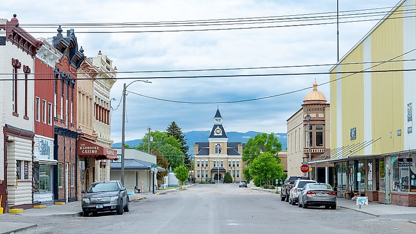 Downtown Dillon, Montana, USA, featuring storefronts and the courthouse.