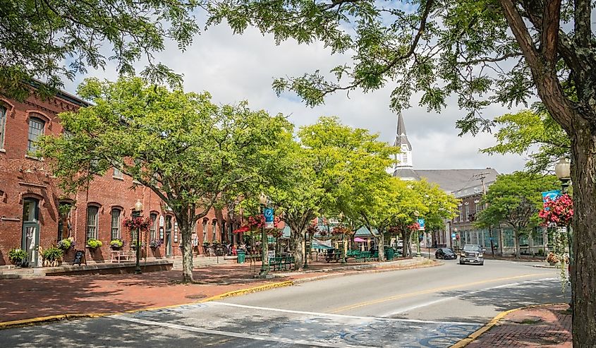 Downtown with historic brick mill buildings, Amesbury, Massachusetts.