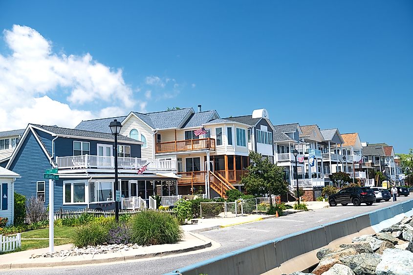 Homes on Chesapeake Bay, North Beach, Maryland, under a sunny blue sky