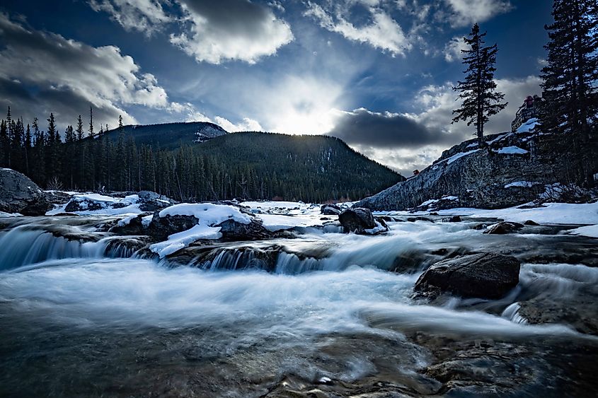 The upper portion of Elbow Falls after a snowfall. 