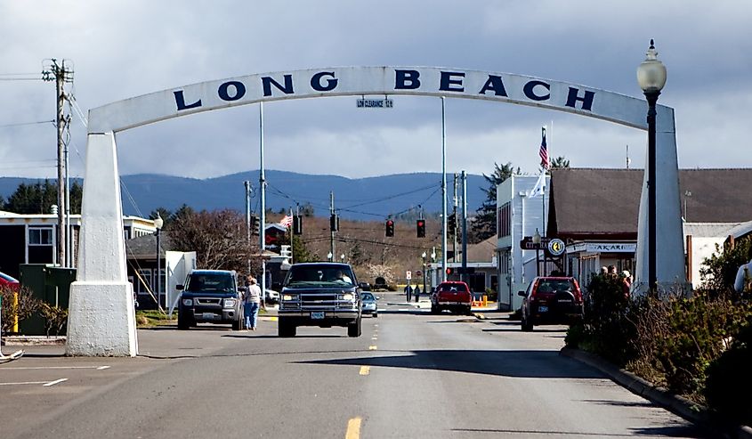 The welcome and title sign of the resort town of Long Beach, Washington.