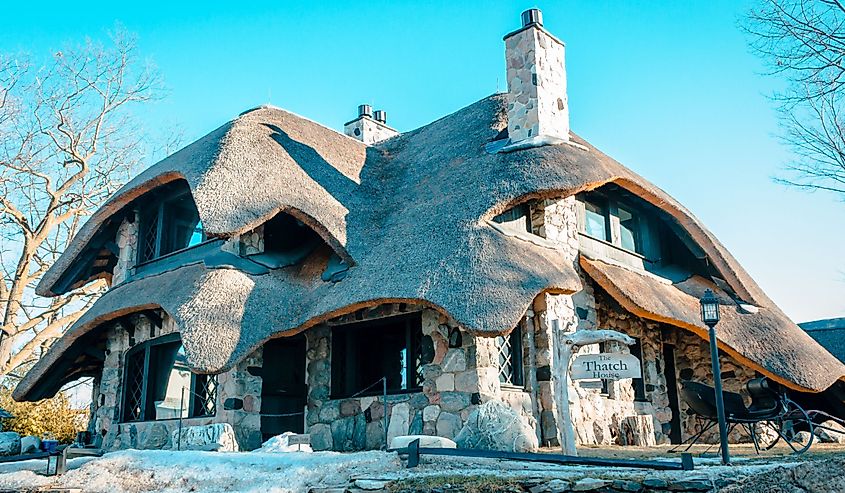 Thatch House in Charlevoix Michigan in the winter.