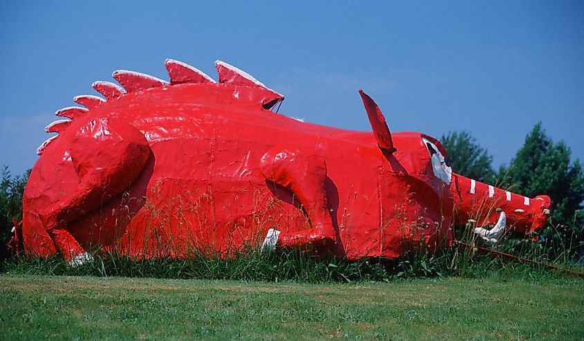 Roadside attraction of metal sculptured red dinosaur, Berryville